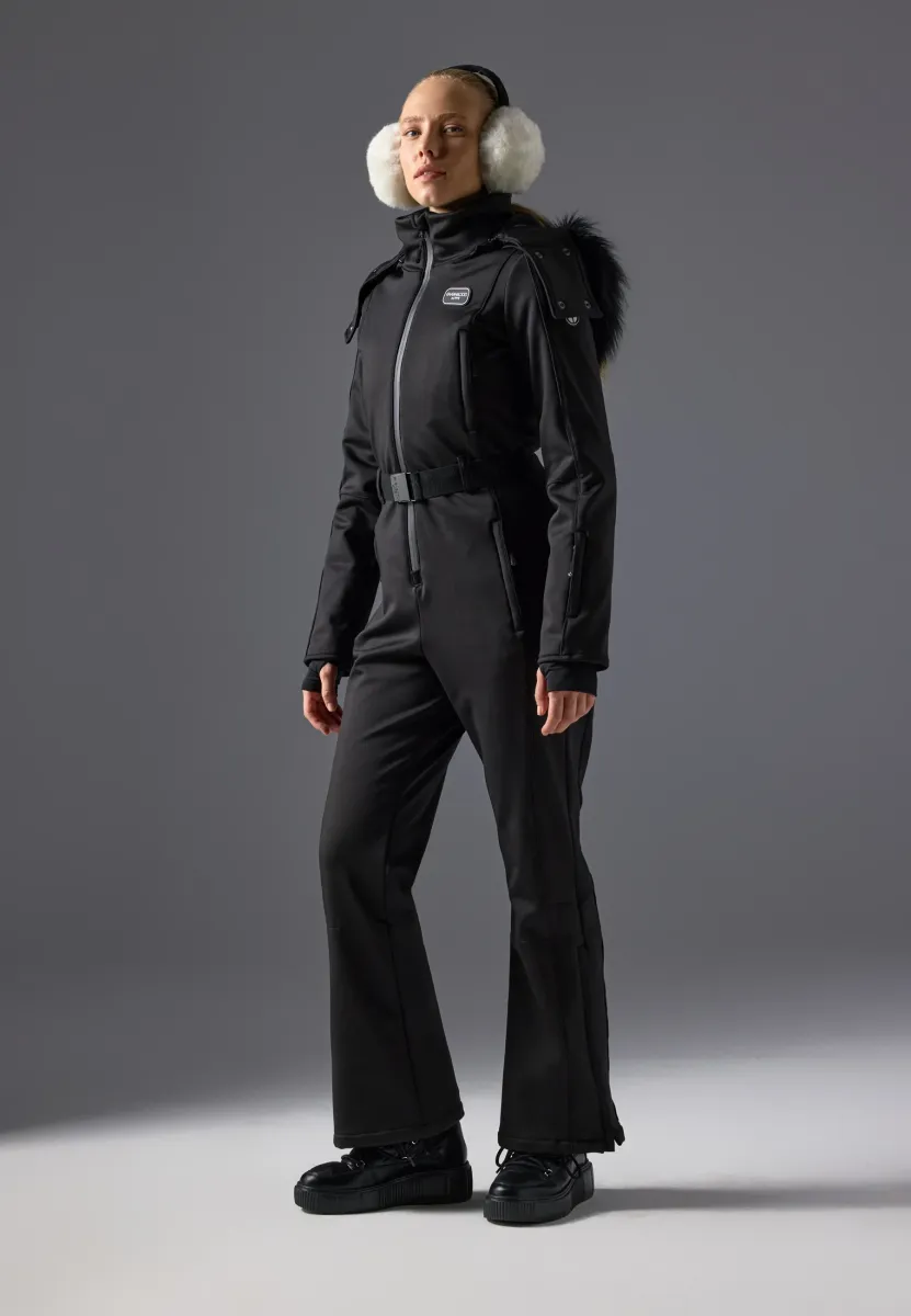 SKI SUIT WITH ADJUSTABLE BELT AND DETACHABLE FUR HOOD - Schneeanzug - black