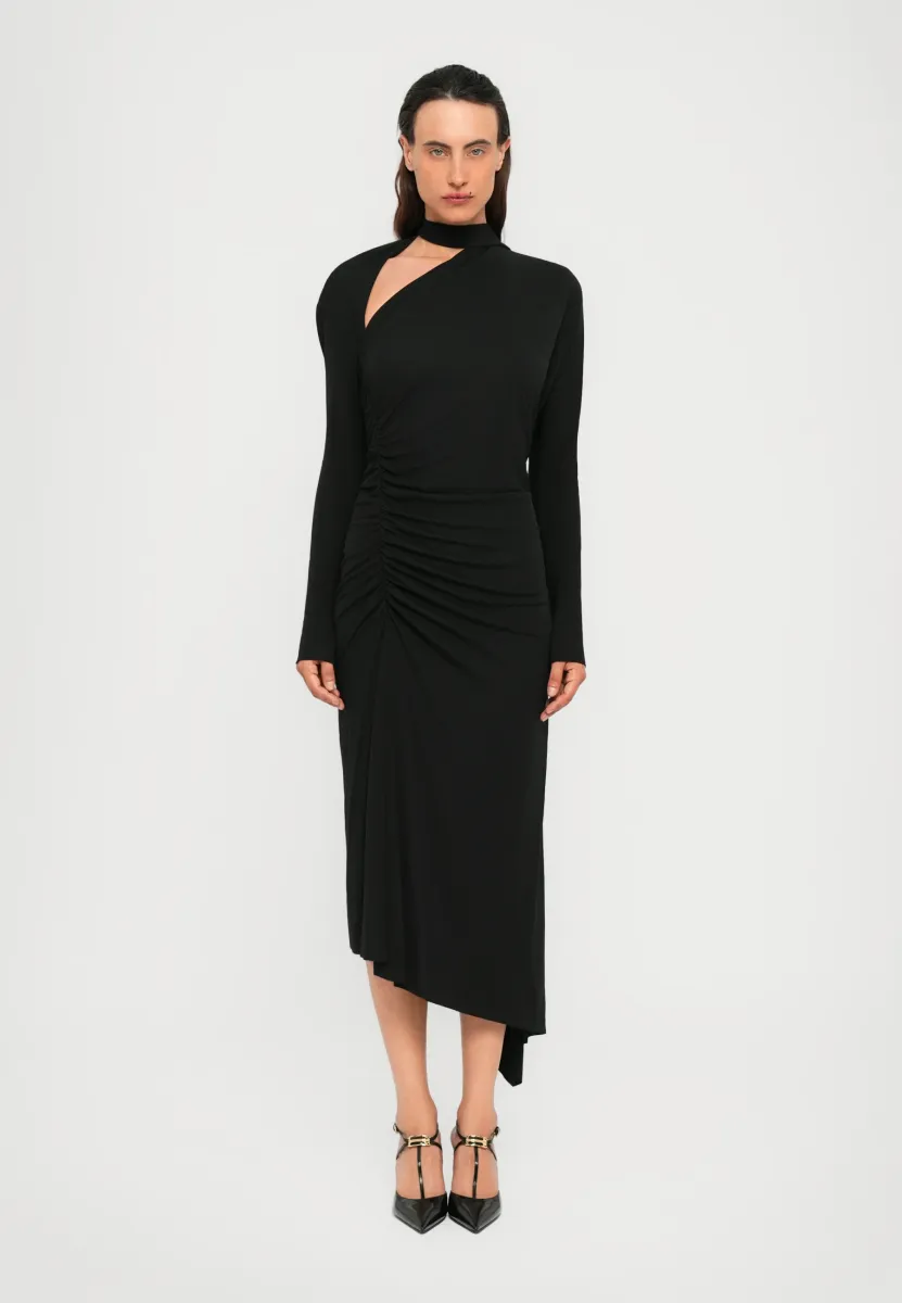 SLASH NECK RUCHED MIDI DRESS - Freizeitkleid - black