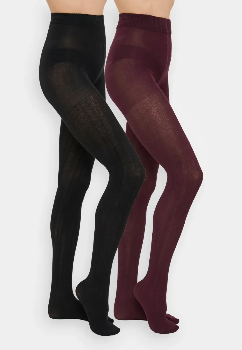 SOFT MODAL BLEND CABLE KNIT TIGHTS 2 PACK - Strumpfhose - black/bordeux