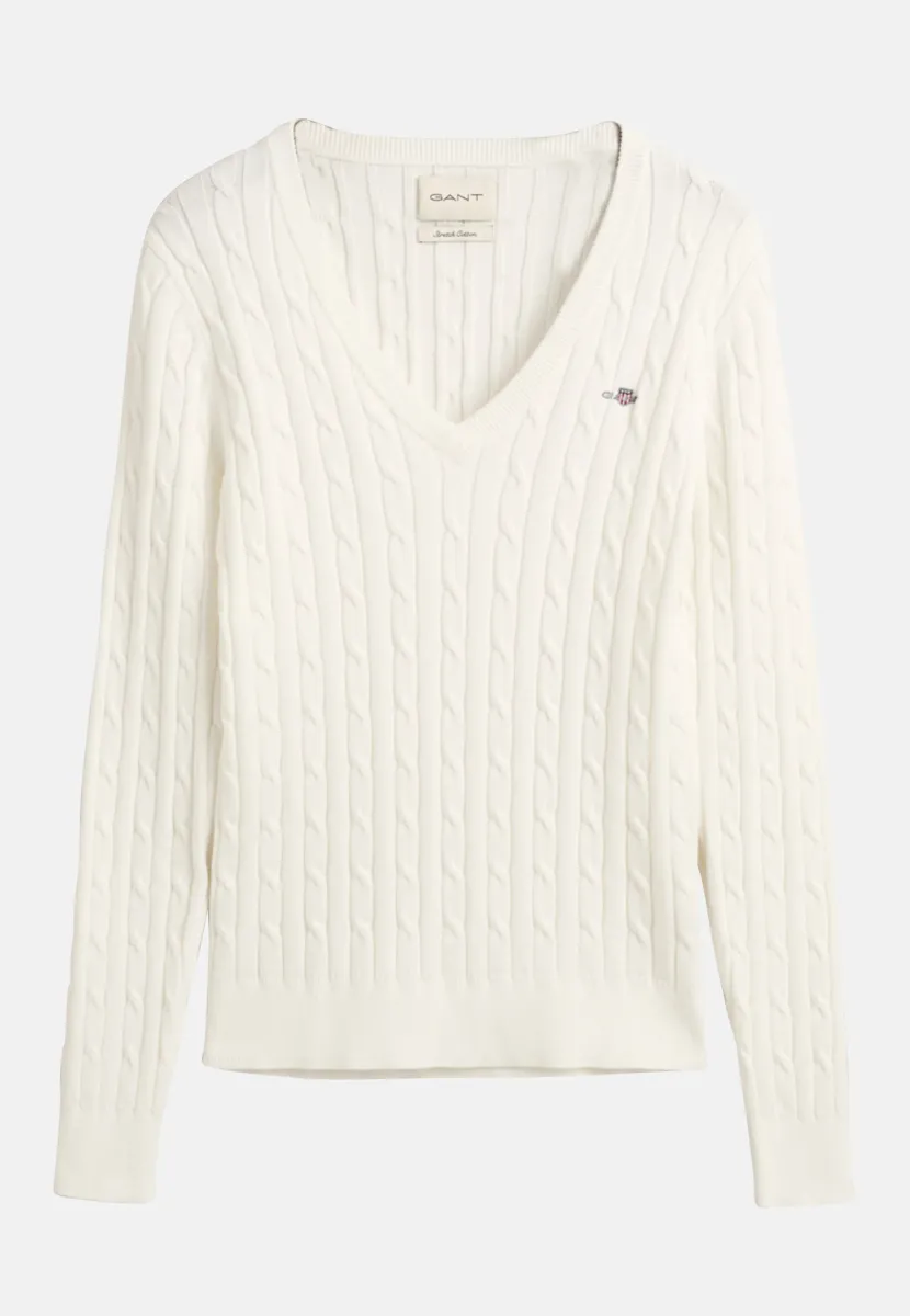 STRETCH CABLE V-NECK - Strickpullover - eggshell