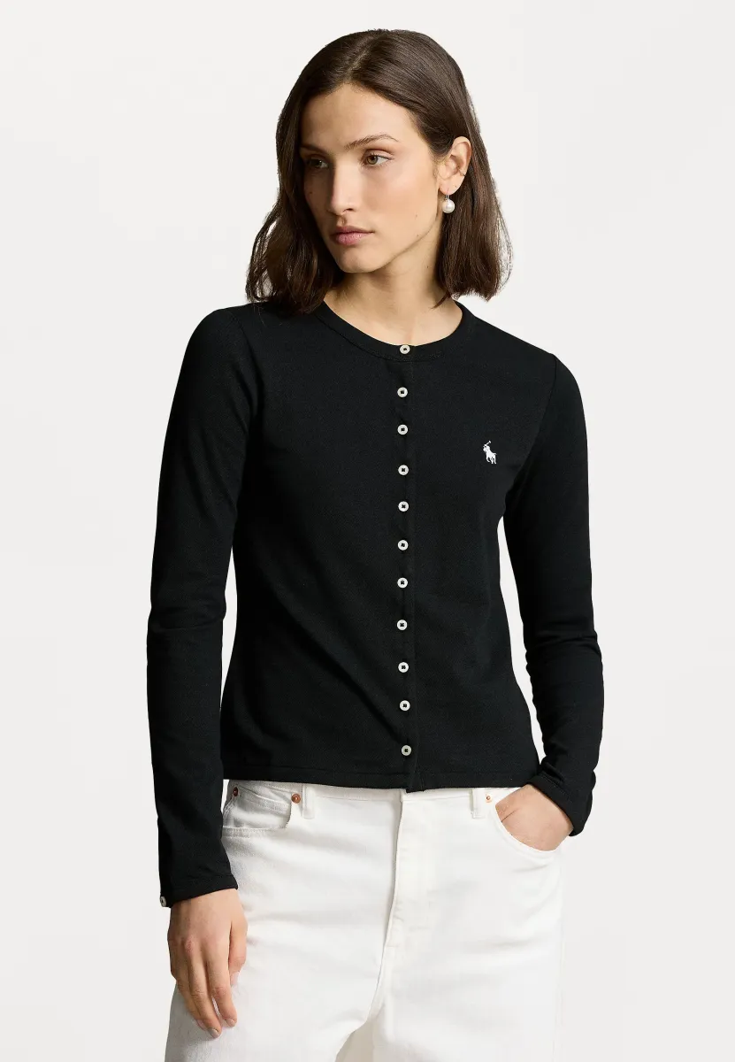 STRETCH MESH COTTON CREWNECK CARDIGAN  - Strickjacke - black