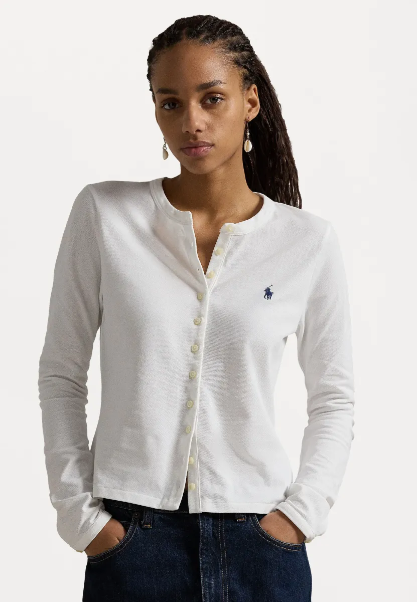 STRETCH MESH COTTON CREWNECK CARDIGAN  - Strickjacke - white