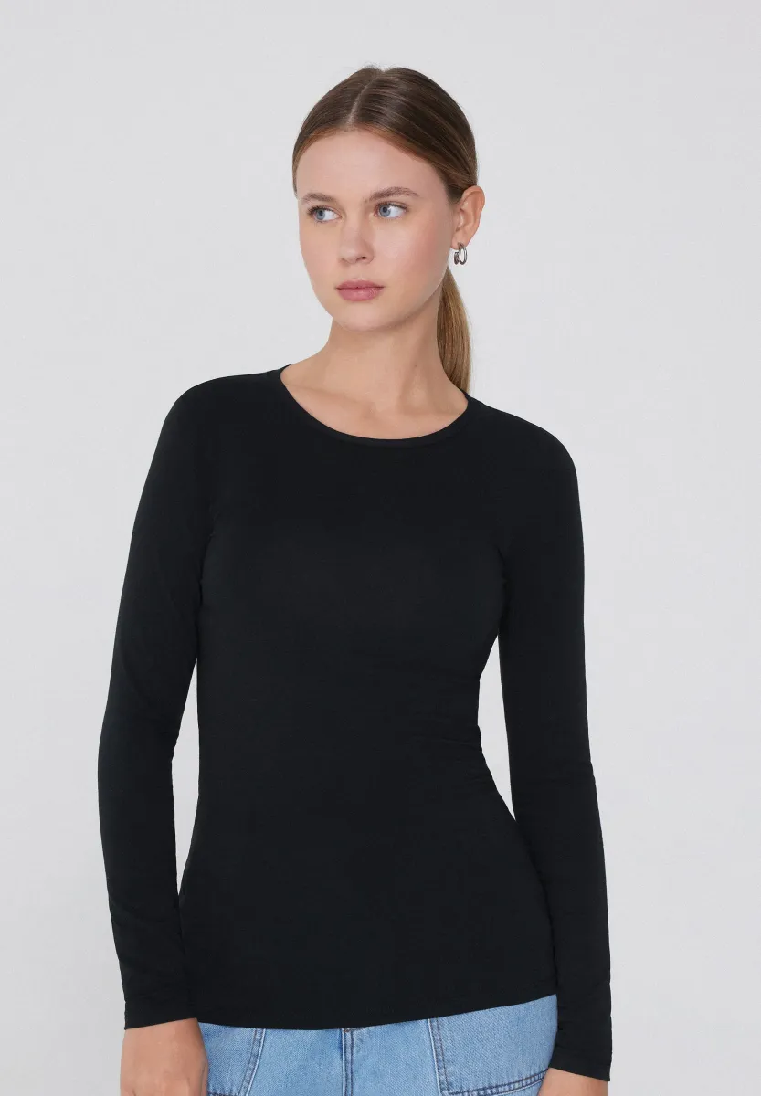 STRETCH ROUND-NECK - Langarmshirt - nero