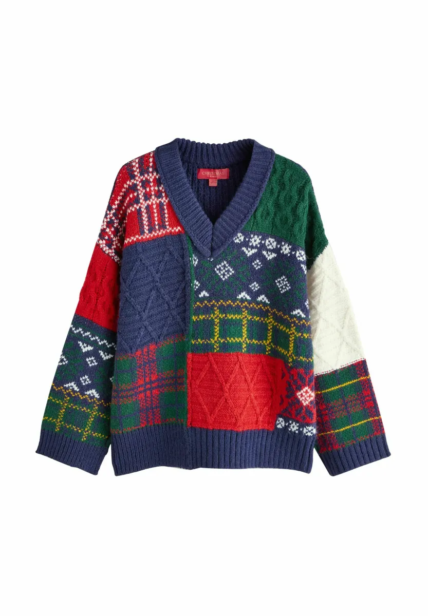 Strickpullover - navy/red/green patched