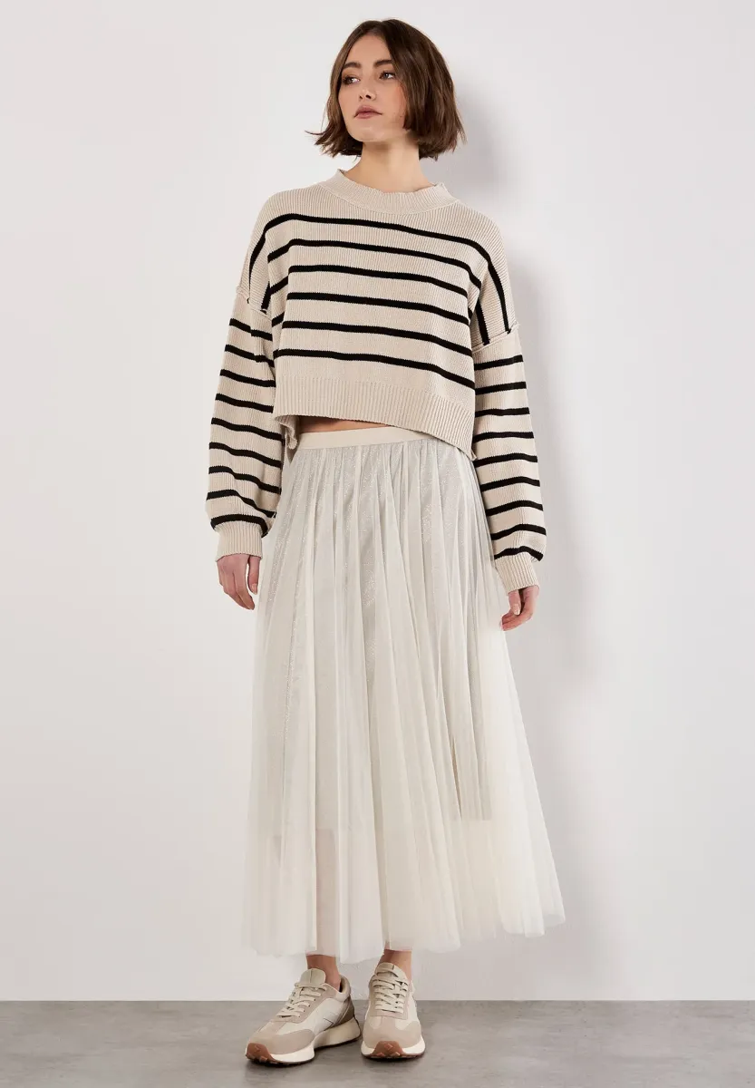 STRIPE CROP DROP SHOULDER - Strickpullover - stone