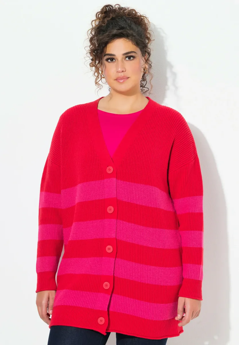 STRIPED BUTTON FRONT V-NEFK LONG SLEEVE  - Strickjacke - lychee