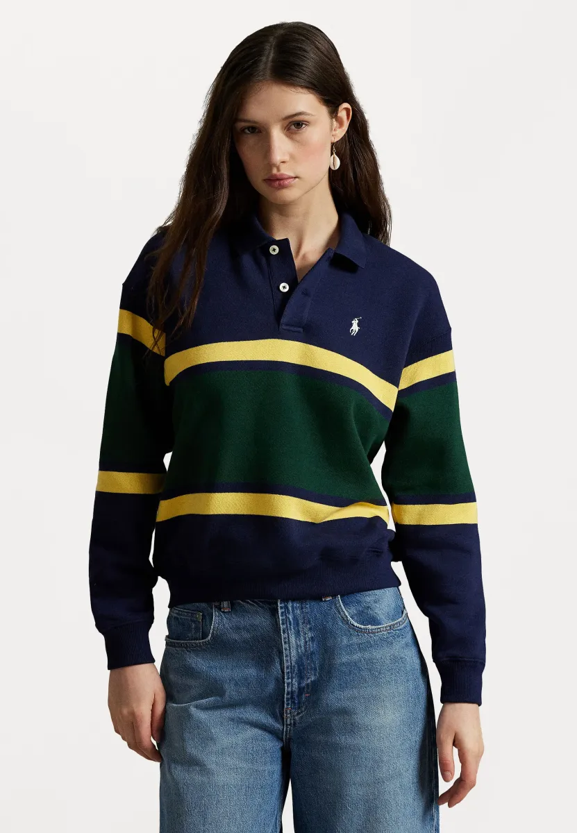 STRIPED FLEECE LONG SLEEVE POLO SHIRT - Sweatshirt - navy