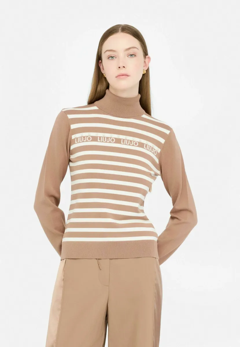 STRIPED POLO-NECK - Strickpullover - beige