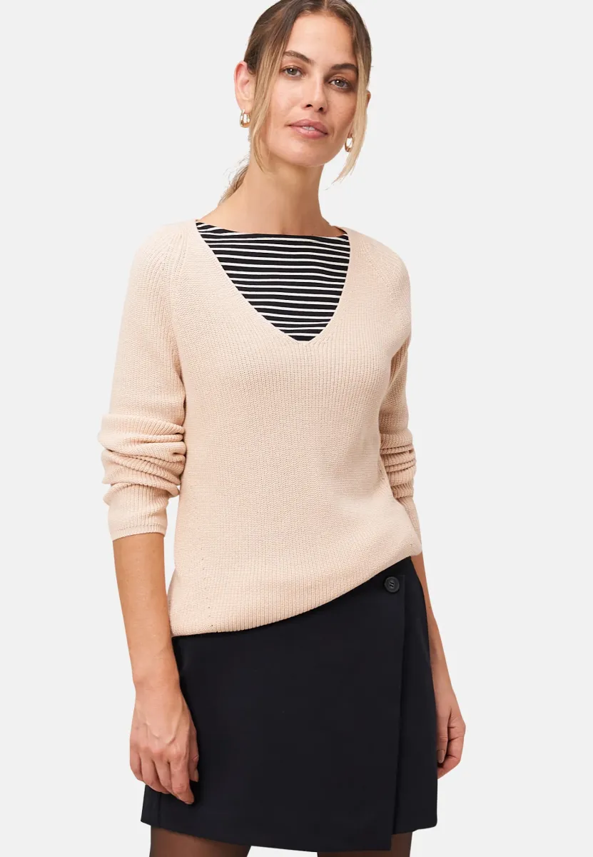 STRUKTUR MIT V-AUSSCHNITT - Strickpullover - dark cream melange