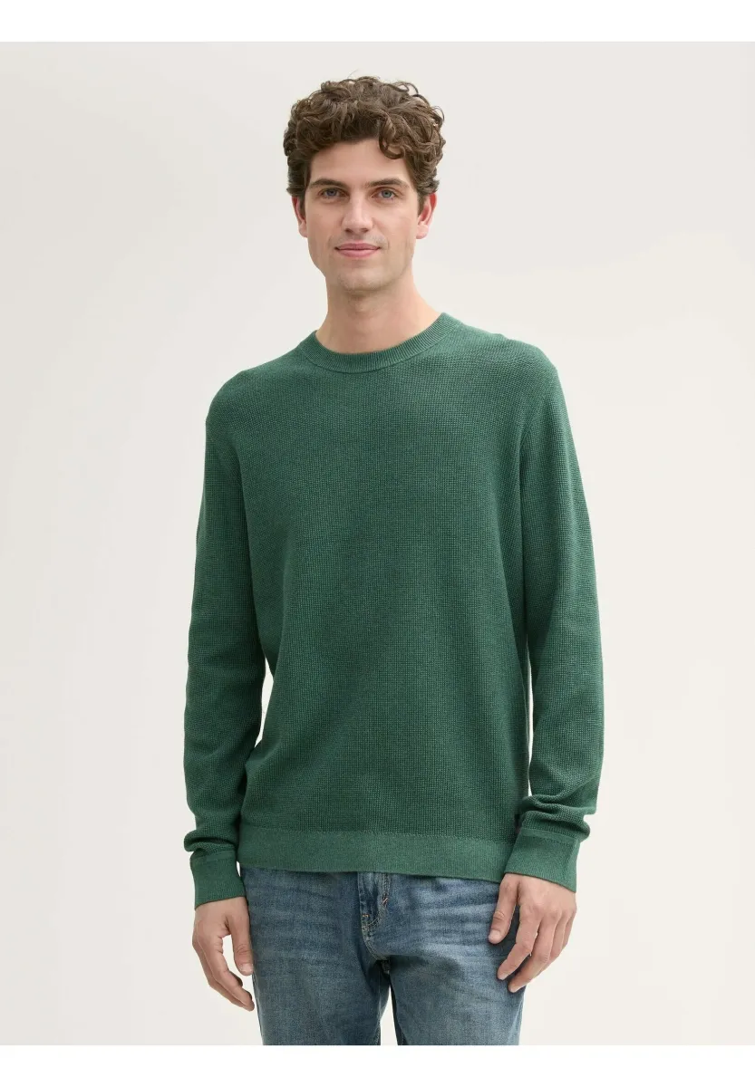 STRUKTURIERTER RUNDHALS - Strickpullover - green dust melange