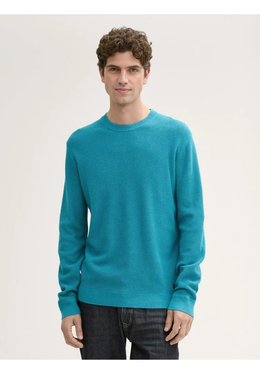 STRUKTURIERTER RUNDHALS - Strickpullover - turquoise blue melange