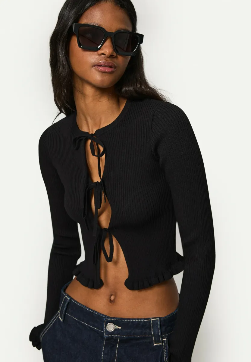 TIED WITH RUFFLES - Strickjacke - black