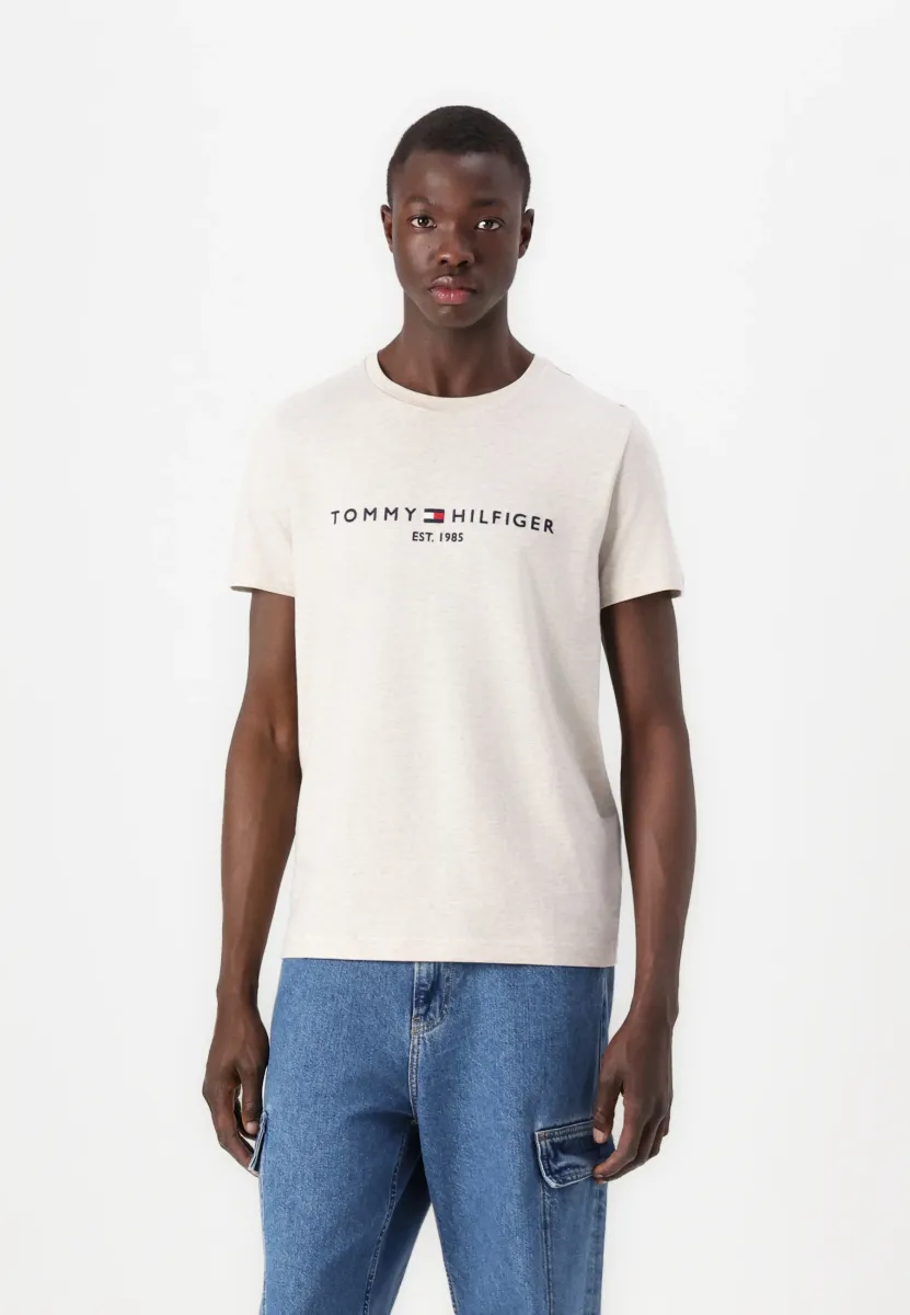 TOMMY LOGO TEE - T-Shirt print - heathered oatmilk