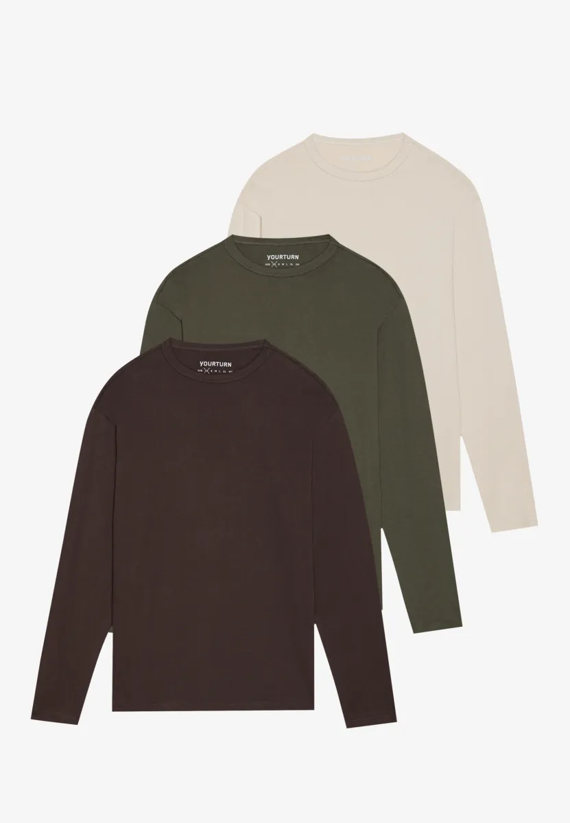 UNISEX 3 PACK - Langarmshirt - off-white/dark green/dark brown