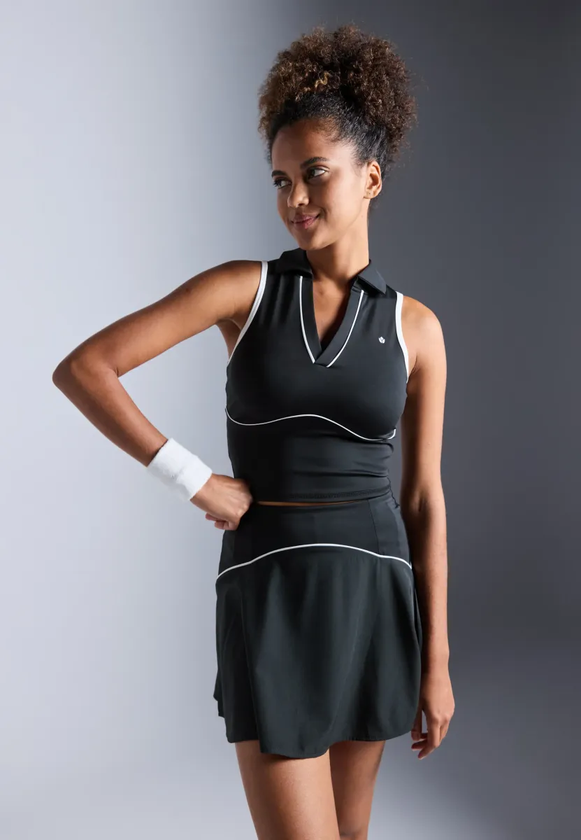 V NECK COLLARED TENNIS TANK WITH RACER BACK - Top - black