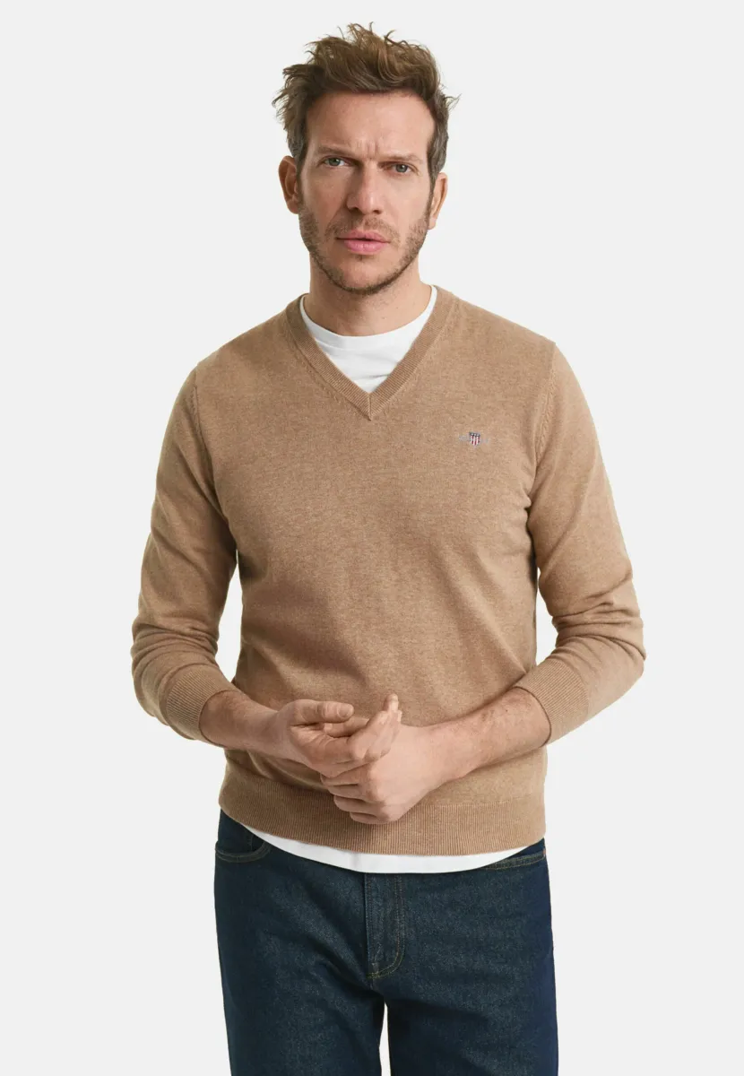 V-NECK - Strickpullover - dk sand melange