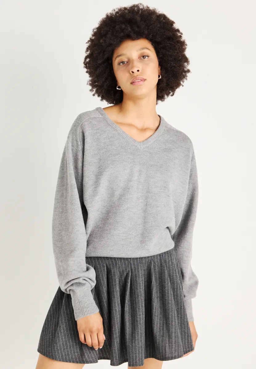 V NECK SWEATER - Strickpullover - mid grey melange