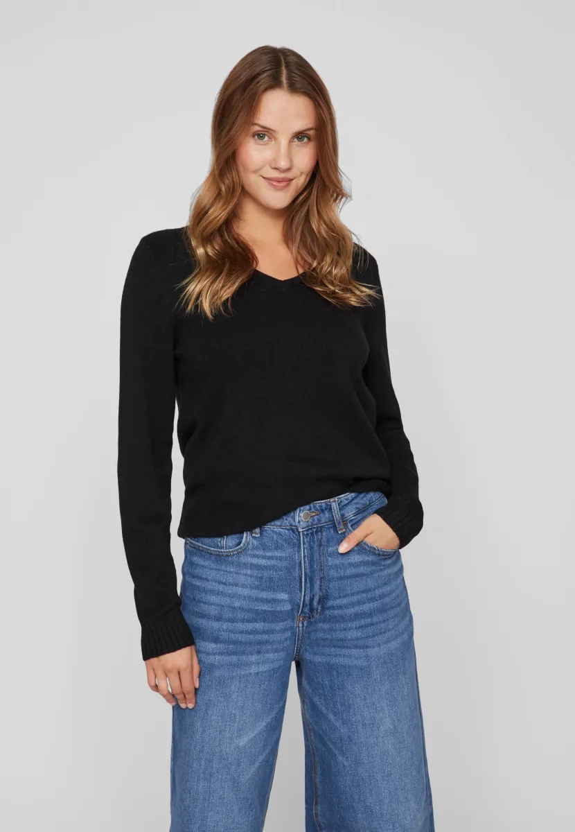 VIRIL L/S V-NECK TOP - Strickpullover - black