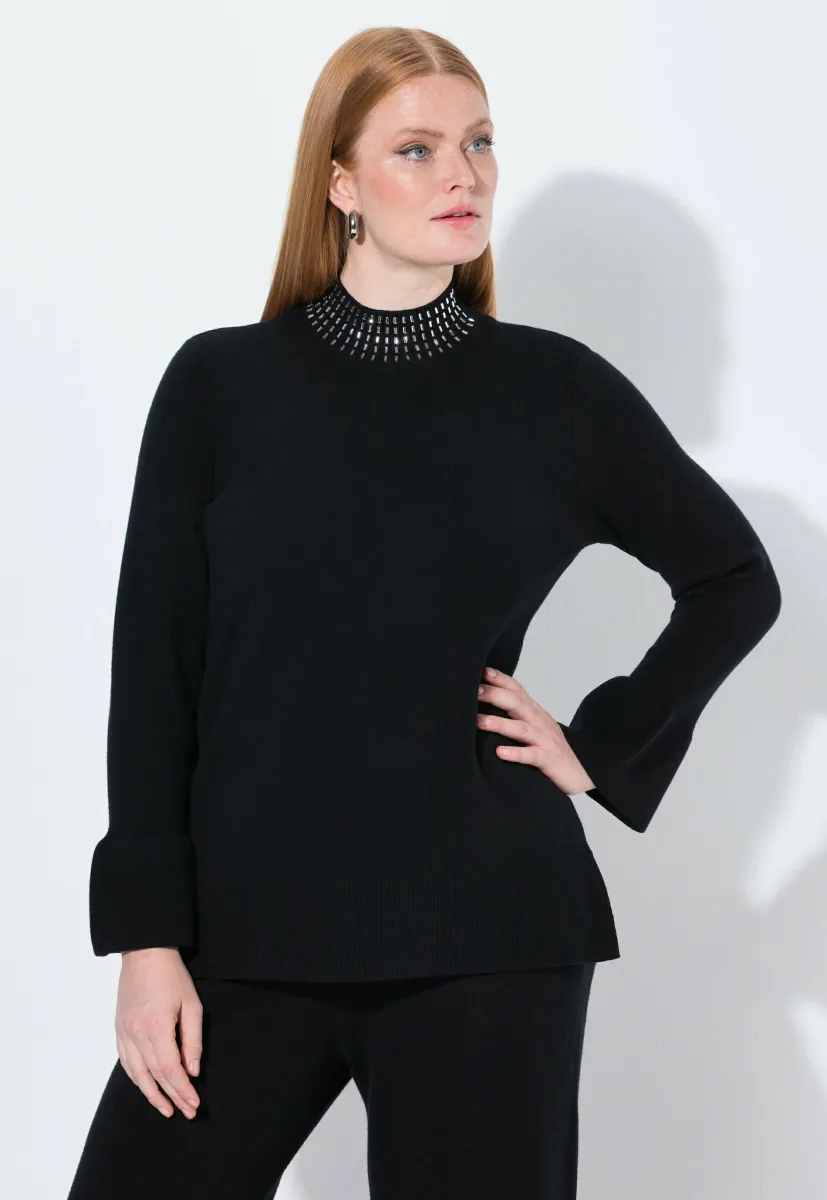 VOLANTÄRMEL, STEHKRAGEN, LANGARM - Strickpullover - black