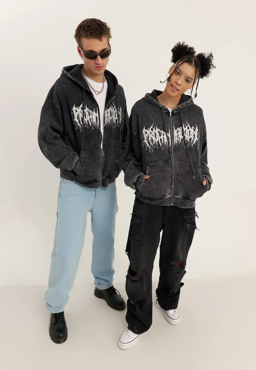 WASHED ZIP-HOODIE UNISEX - Sweatjacke - black