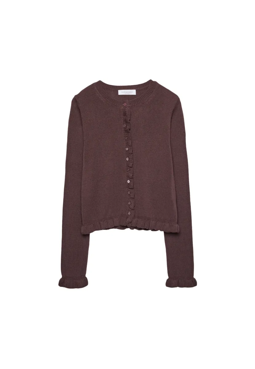 WITH BUTTONS AND RUFFLES - Strickjacke - dark brown