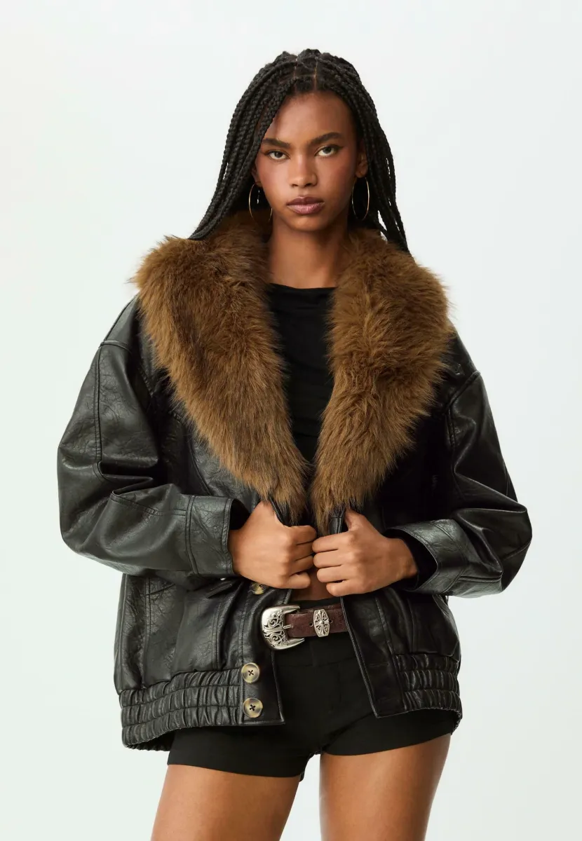 WITH CONTRAST COLLAR - Kunstlederjacke - black