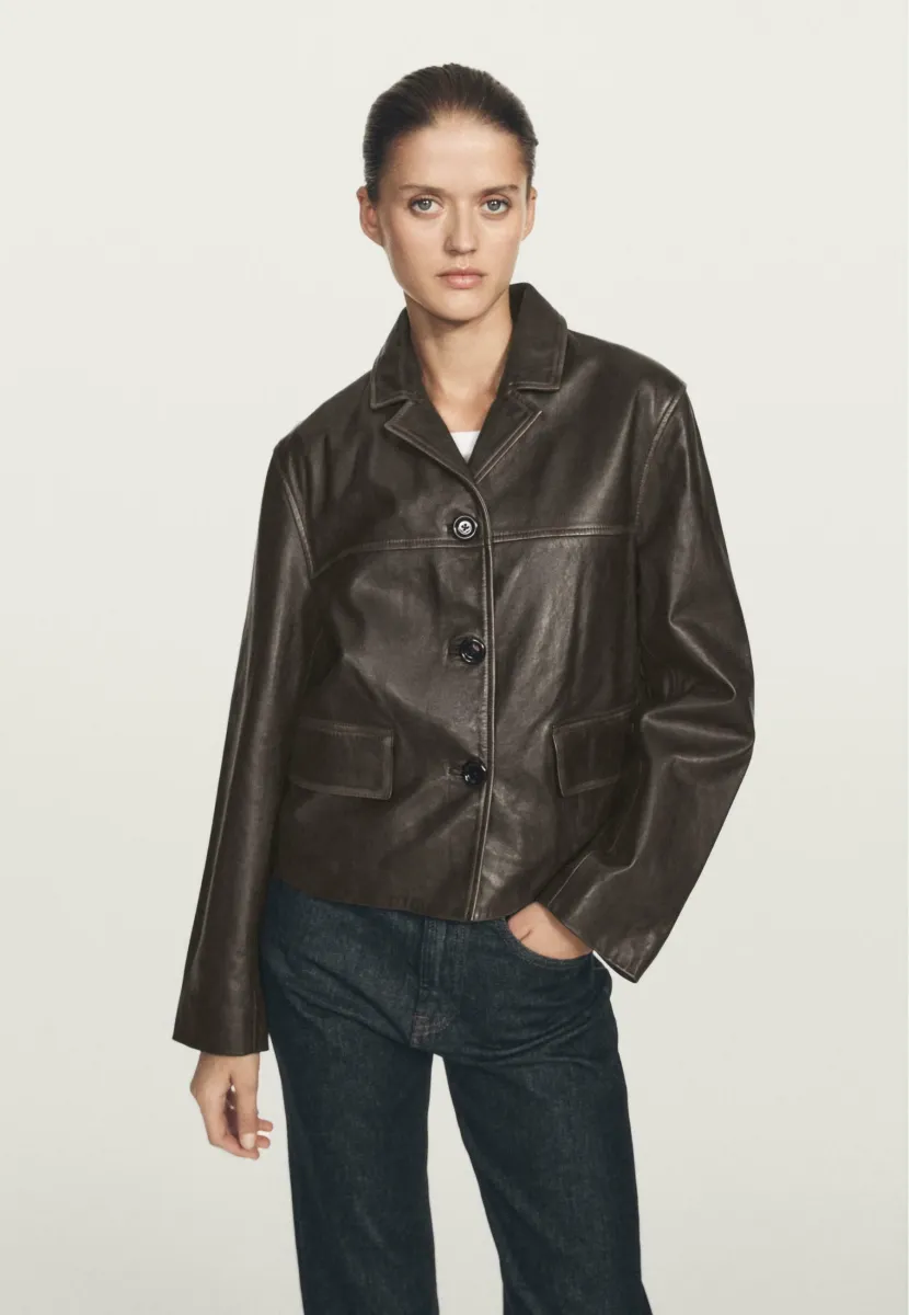 WITH LAPEL COLLAR  - Lederjacke - mottled dark green