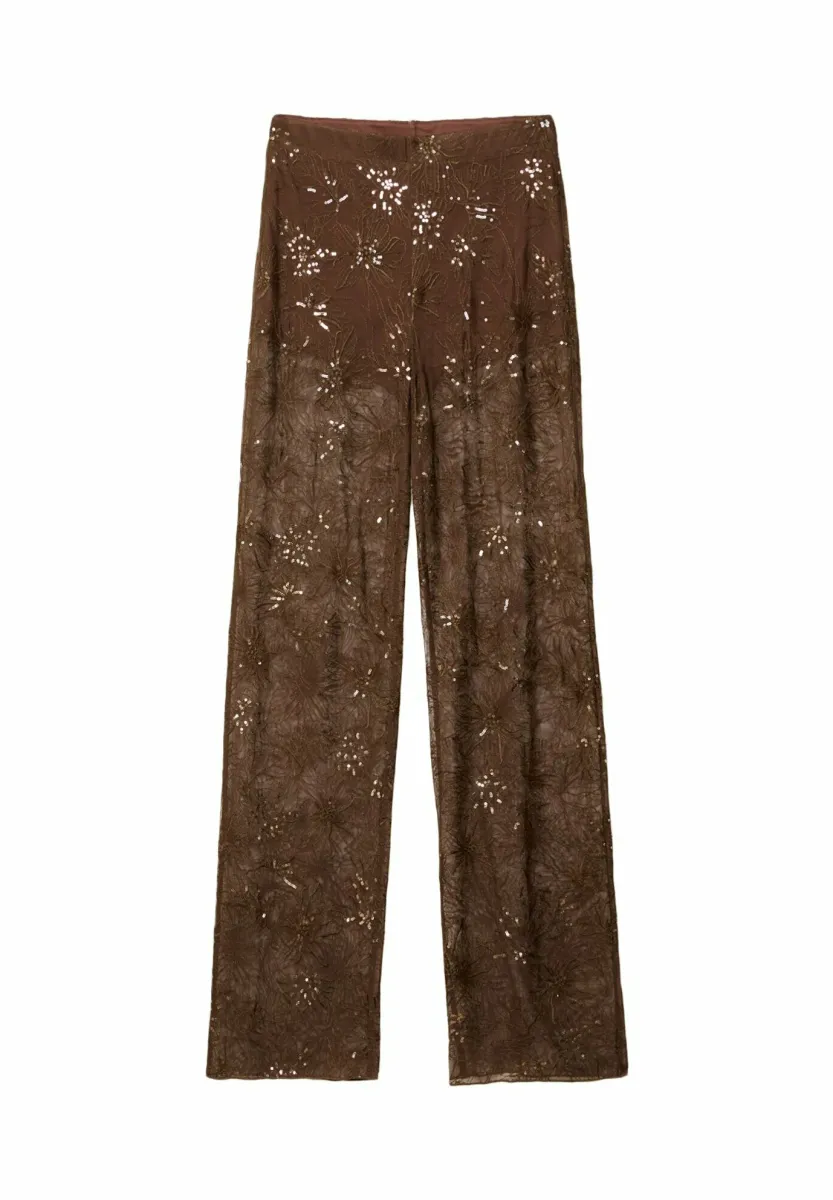 WITH SEQUINNED EMBROIDERY  - Stoffhose - dark brown