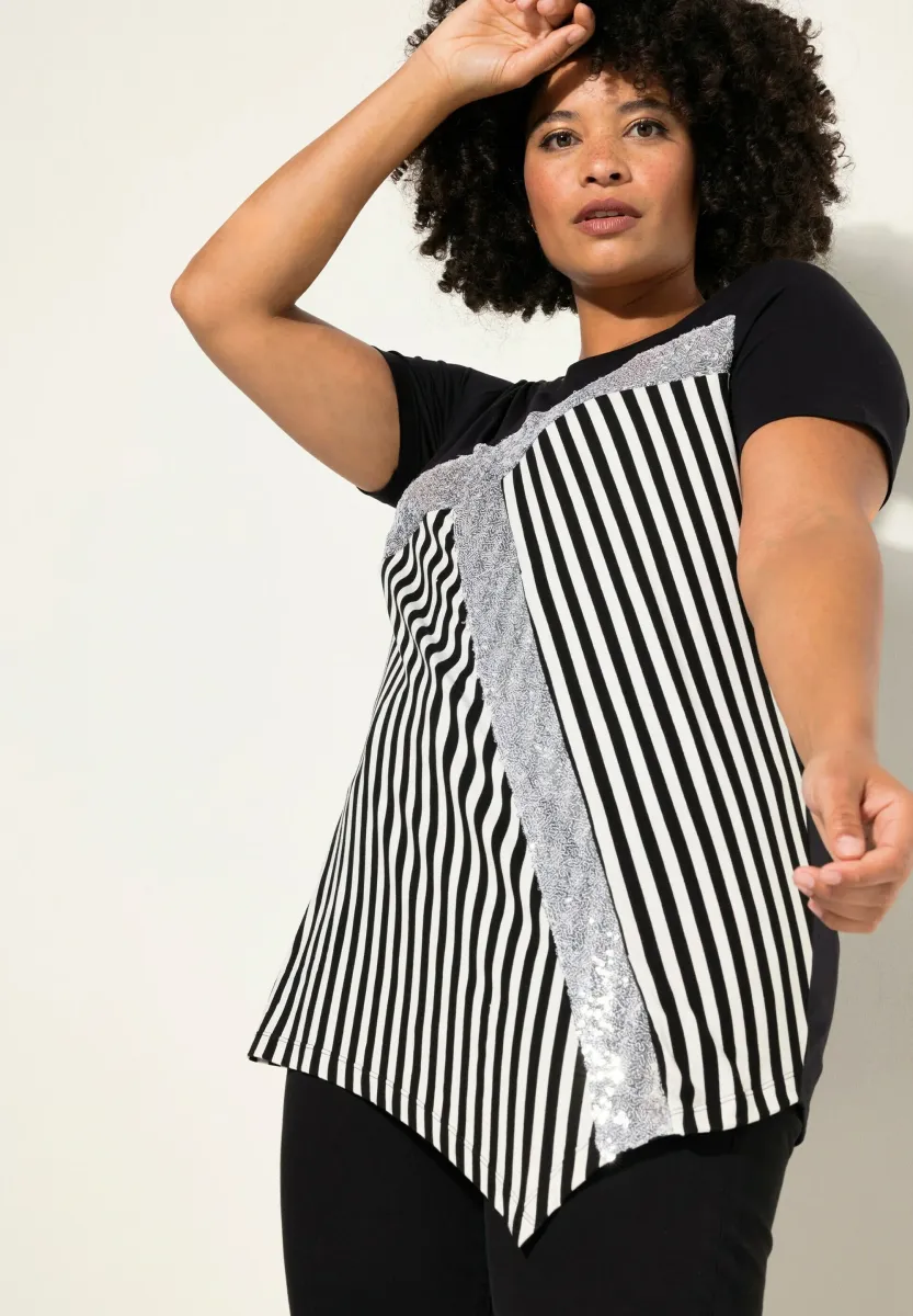 WITH STRIPES, SEQUINS AND POINTED HEM - T-Shirt print - black