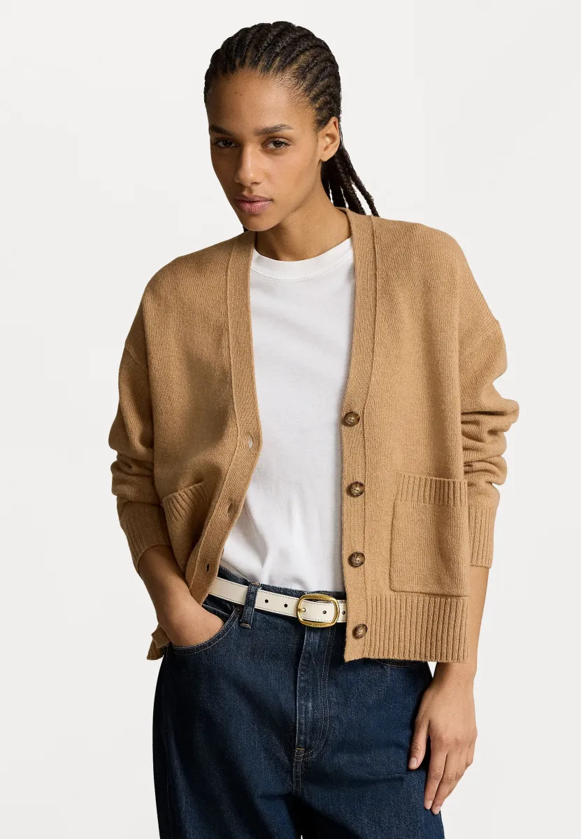 WOOL BLEND V NECK CARDIGAN - Strickjacke - collection camel melange