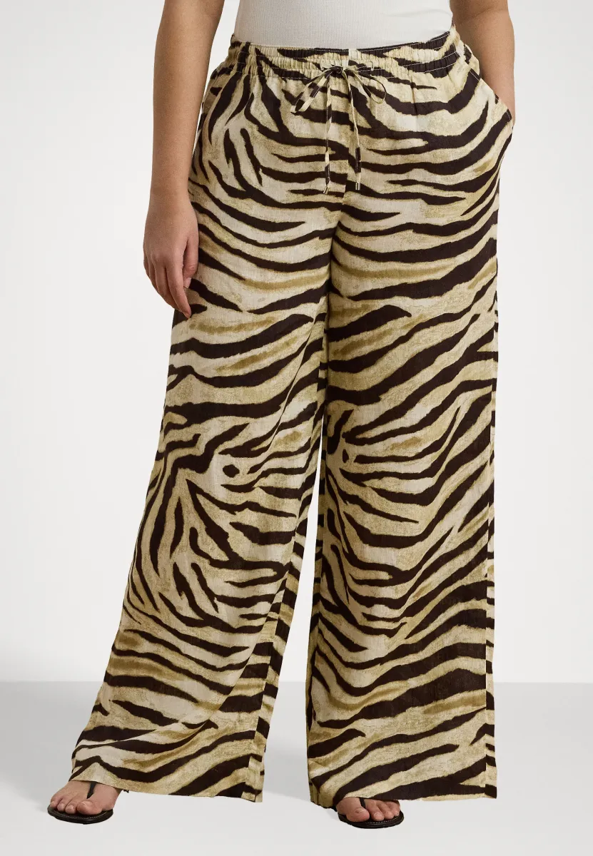 ZEBRA-PRINT LINEN WIDE-LEG PANT - Stoffhose - cream/brown