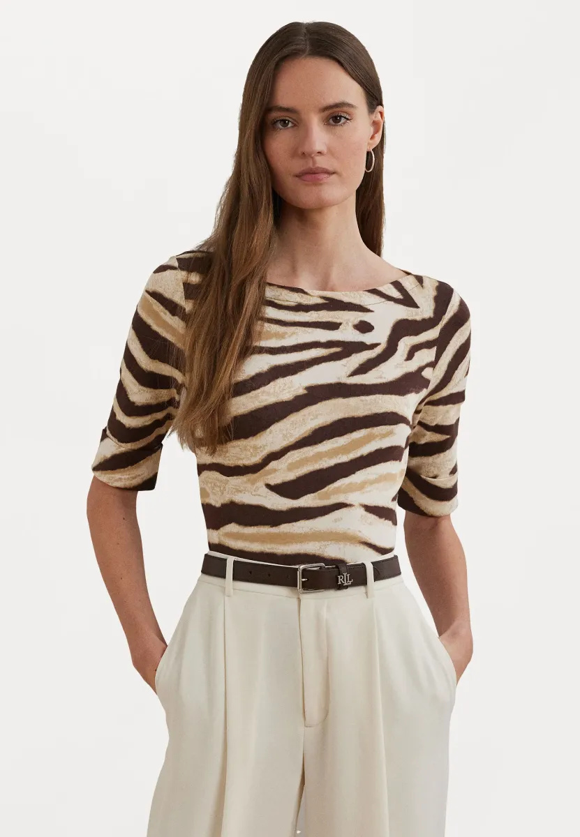Zebra Print Stretch Cotton Boatneck Tee - T-Shirt print - cream/brown