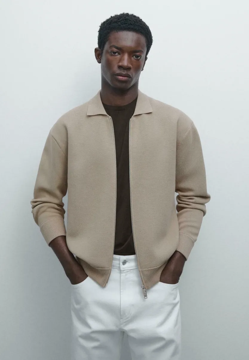 ZIP-UP POLO COLLAR - Strickjacke - light brown