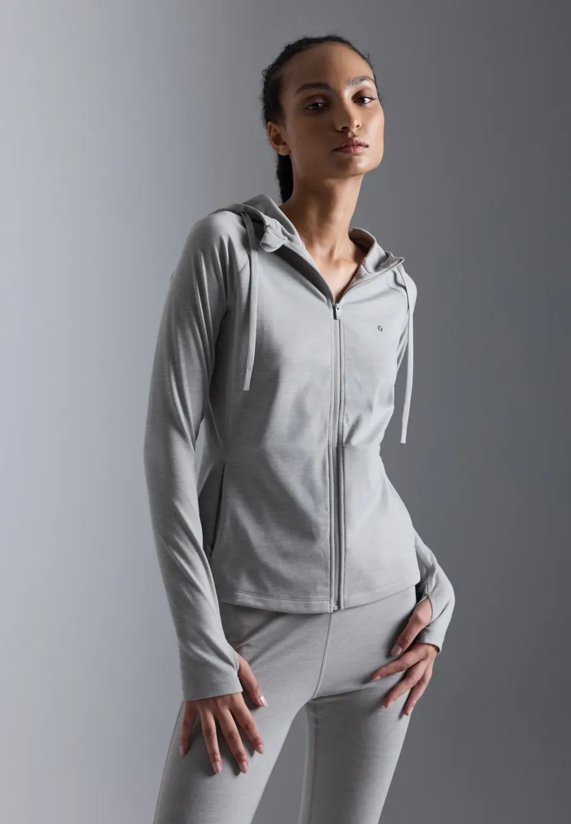 ZIP UP SPORTS SWEAT WITH HOOD - Sweatjacke - mottled light grey
